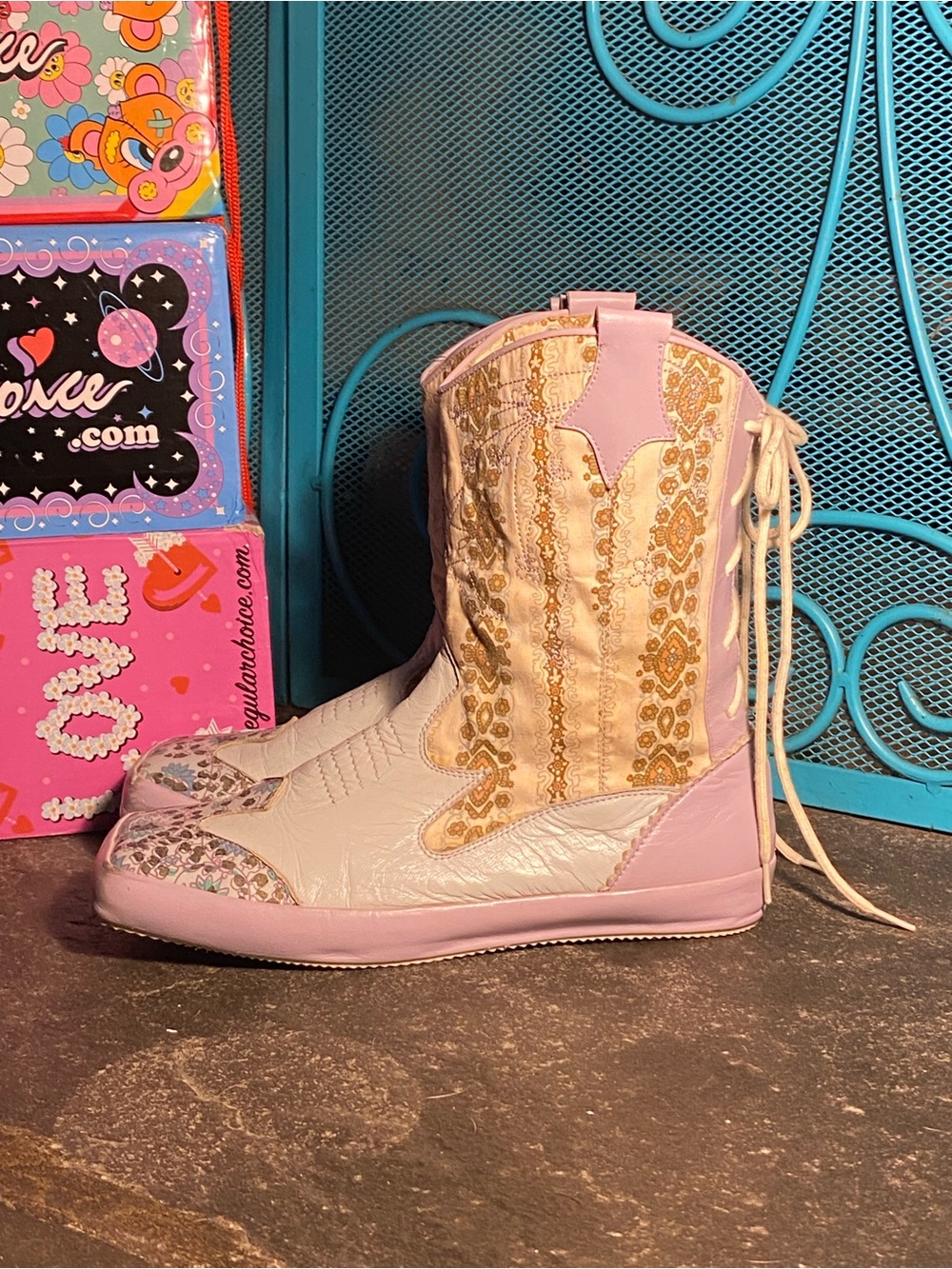 Irregular Choice cowboy boot sneakers,lavender white and floral,rubber soles, 5